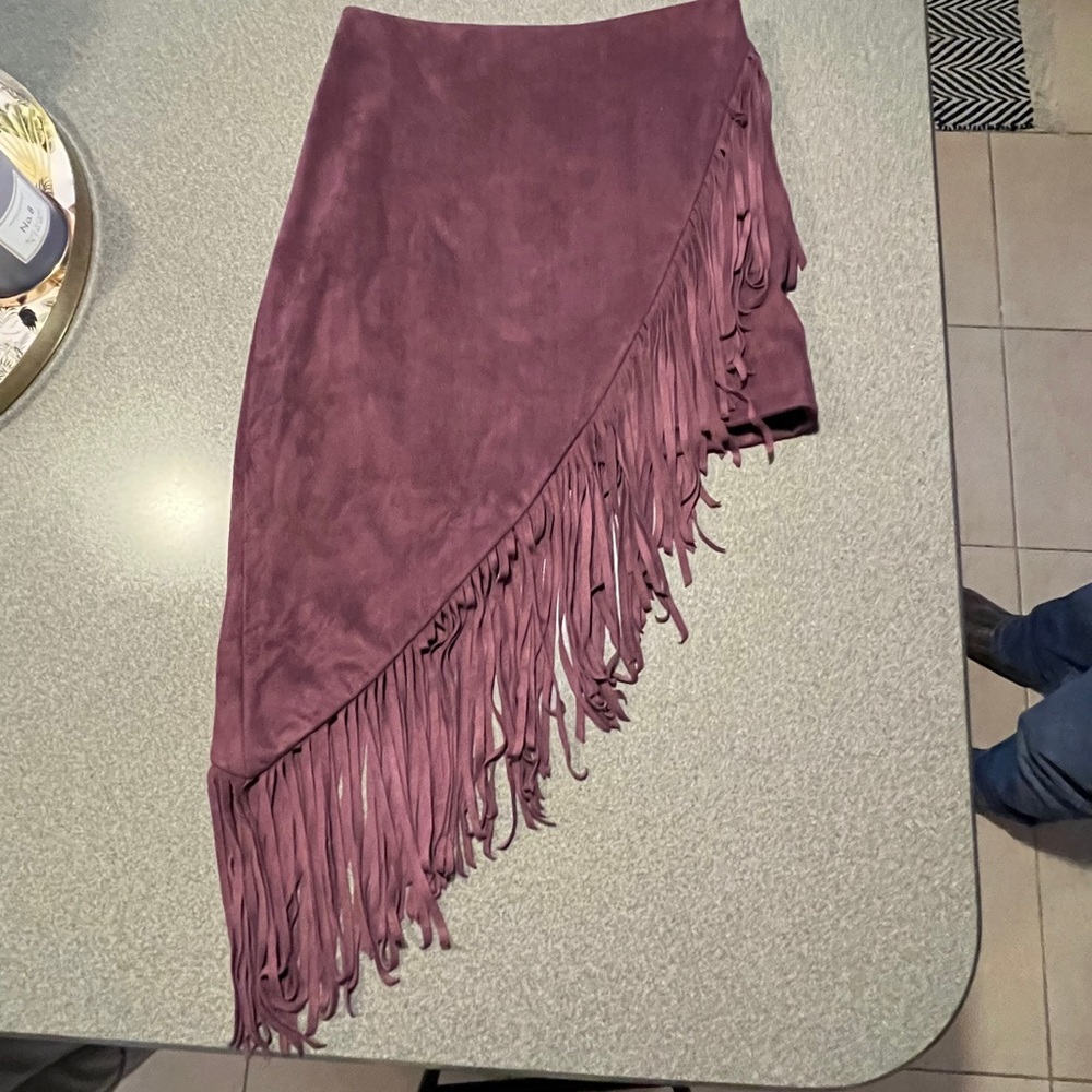 Maroon, asymmetrical, fringe suede skirt